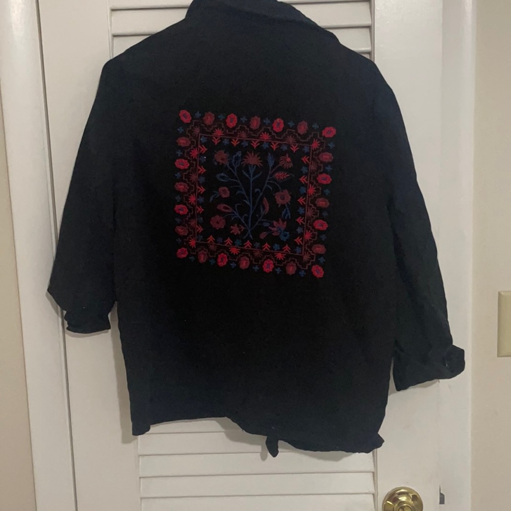 Francesca’s Black Denim Jacket with Embroidery